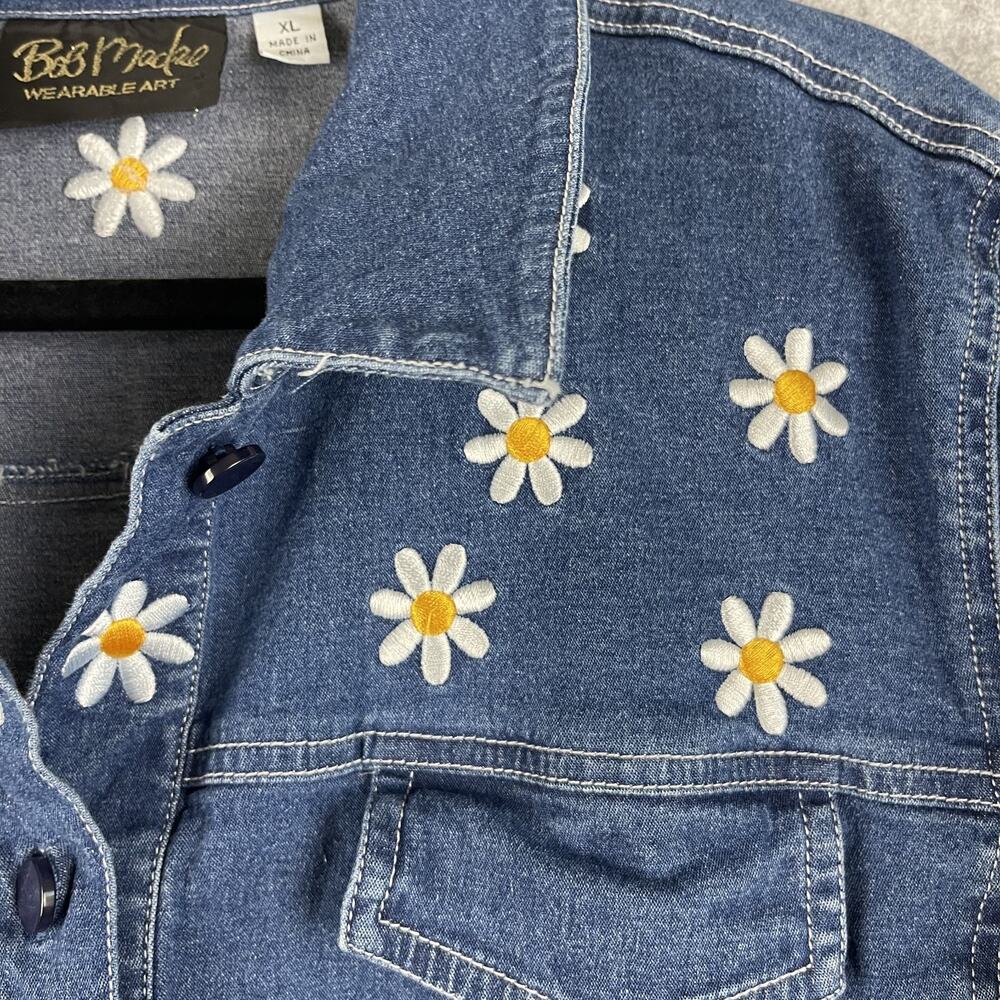 Bob Mackie Wearable Art Jacket Womens XL Denim Embroidered Flower Daisy Stretch - Picture 4 of 15